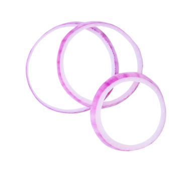 Kırmızı soğan dilimlerinin ya da soğan halkalarının üst görünümü png dosya biçiminde kırpma yolu ile izole edilir.