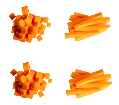 Üst görünüm turuncu havuç dilimleri veya çubuk ve küp şekilleri png dosya biçiminde kırpma yolu ile izole edilir.