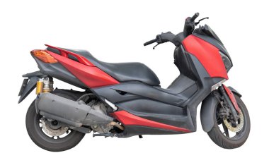 Güçlü ve güzel kırmızı ve siyah şehir motosiklet veya motosiklet yan görünümü kırpma yolu ile beyaz arka planda izole edilir.