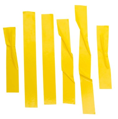 Buruşuk ya da buruşuk sarı yapıştırıcı bant ya da çizgili kumaş şerit seti dikey olarak izole edilmiş beyaz arka planda kırpma yolu ile.