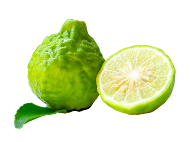 Yeşil bergamot meyvesi veya kaffir limonu ön görünümü yarım ve yeşil yaprak yığın halinde png dosya biçiminde kırpma yolu ile izole edilir.