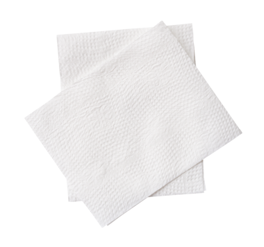 Katlanmış iki parça beyaz doku kağıdının veya yığın içindeki peçete kağıdının üst görünümü png dosya biçiminde kırpma yolu ile izole edilir.