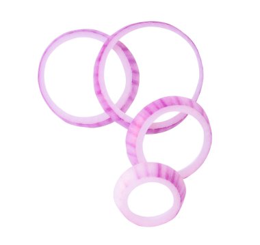 Taze kırmızı ya da mor soğan halkalarının ya da yığın halinde dilimlerin üst görünümü kırpma yolu ile beyaz arkaplanda izole edilir..