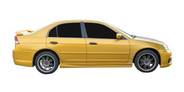 Sarı spor arabanın yan görünüşü kırpma yolu ile beyaz arkaplanda izole edilmiştir..