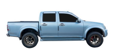 Açık mavi pikap aracının yan görünümü png dosya biçiminde kırpma yolu ile izole edilmiştir.