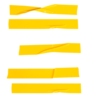 Kırışık veya buruşuk sarı yapıştırıcı bant veya şerit şeklinde kumaş bantların üst görünümü png dosya biçiminde kırpma yolu ile izole edilir.