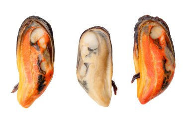 Kırmızı ve krema etli üç pişmiş yeşil midye seti beyaz arka planda kırpma yolu ile izole edilir.