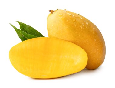 Tek olgun sarı mango meyvesi ve yarısı yeşil yapraklı ve su damlacıkları beyaz arka planda kırpma yolu ile izole edilir..