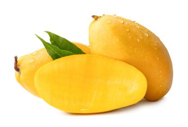 İki olgun sarı mango meyvesi ve yarısı yeşil yapraklı ve su damlacıkları beyaz arka planda kırpma yolu ile izole edilir..