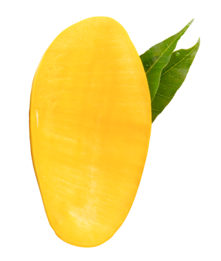 Yeşil yapraklı olgun sarı mango meyvesinin yarısı png dosya biçiminde kırpma yolu ile izole edilmiştir.