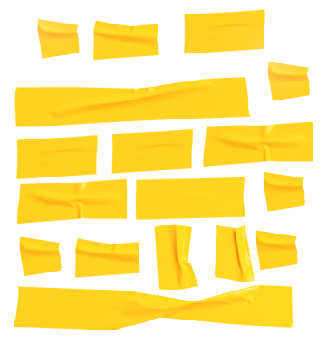 Kırışık veya buruşuk sarı yapıştırıcı bant veya şerit şeklinde kumaş bantların üst görünümü png dosya biçiminde kırpma yolu ile izole edilir.