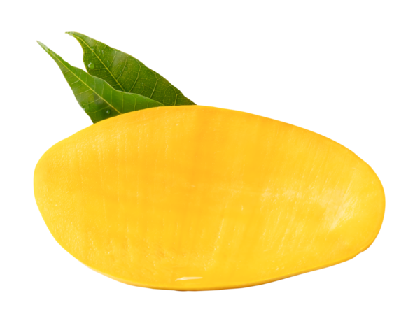 Yeşil yapraklı olgun sarı mango meyvesinin yarısı png dosya biçiminde kırpma yolu ile izole edilmiştir.