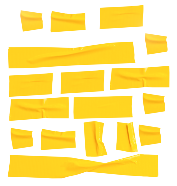 Kırışık veya buruşuk sarı yapıştırıcı bant veya şerit şeklinde kumaş bantların üst görünümü png dosya biçiminde kırpma yolu ile izole edilir.