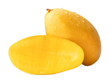 Yarım ve su damlacıkları ile tek olgun sarı mango meyveleri png dosya biçiminde kırpma yolu ile izole edilir.