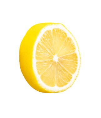 Olgun sarı limon meyvesinin ön görüntüsü tek bir daire diliminde kesme yolu ile beyaz arkaplanda izole edilmiştir..