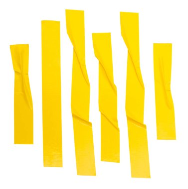 Buruşuk ya da buruşuk sarı yapıştırıcı bant ya da çizgili kumaş şerit seti dikey olarak izole edilmiş beyaz arka planda kırpma yolu ile.