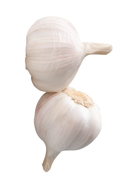 Yığındaki iki sarımsak ampulünün yan görünümü png dosya biçiminde kırpma yolu ile izole edilmiştir.