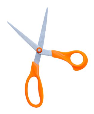 Turuncu saplı bir çift çok amaçlı makasın üst görünümü kırpma yolu ile beyaz arkaplanda izole edilir