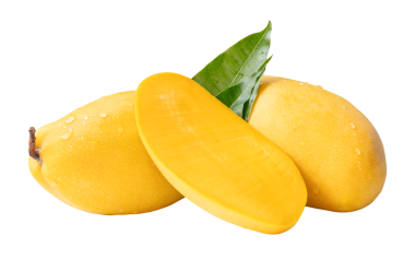 İki olgun sarı mango meyvesi ve mango yarısı yeşil yapraklı ve su damlacıkları png dosya biçiminde izole edilir.