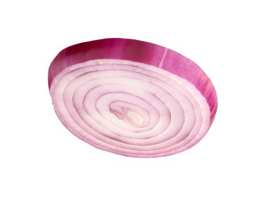 Bir İspanyol soğanı ya da kırmızı soğan dilimi kesme yolu ile beyaz zemin üzerinde izole edilir.