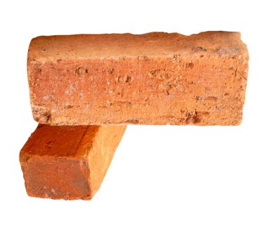 İki eski kırmızı veya turuncu tuğla yan görünümü kırpma yolu ile beyaz arkaplanda izole edilir.