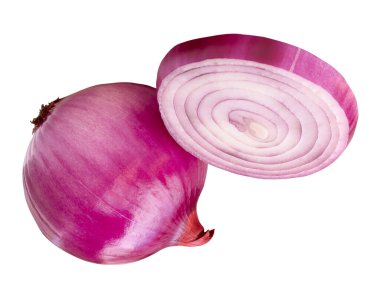 Tek bir soğan dilimli kırmızı ya da mor soğan soğanı beyaz arka planda kırpma yolu ile izole edilir..