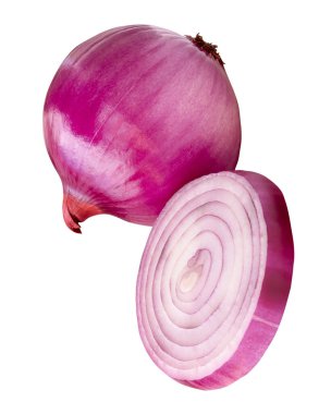 Tek bir soğan dilimli kırmızı ya da mor soğan soğanı beyaz arka planda kırpma yolu ile izole edilir..