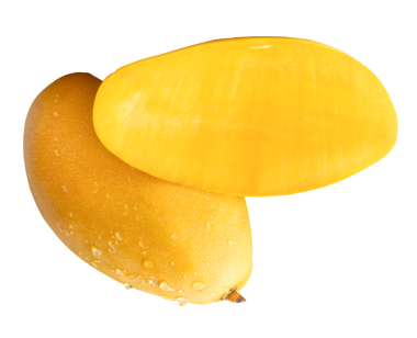Yarım ve su damlacıkları ile tek olgun sarı mango meyveleri png dosya biçiminde kırpma yolu ile izole edilir.
