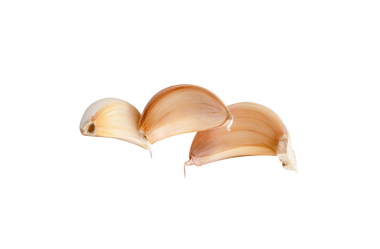 Soyulmamış üç sarımsak karanfili veya parçasının yan görünümü png dosya biçiminde kırpma yolu ile izole edilmiştir