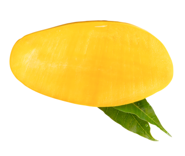 Yeşil yapraklı olgun sarı mango meyvesinin yarısı png dosya biçiminde kırpma yolu ile izole edilmiştir.