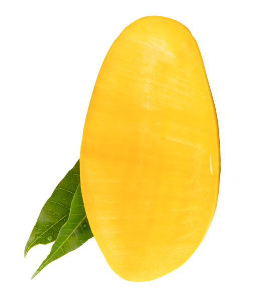 Yeşil yapraklı olgun sarı mango meyvesinin yarısı png dosya biçiminde kırpma yolu ile izole edilmiştir.