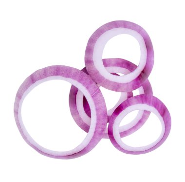 Taze kırmızı ya da mor soğan halkalarının ya da yığın halinde dilimlerin üst görünümü kırpma yolu ile beyaz arkaplanda izole edilir..