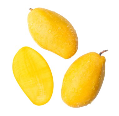 Yarısı ve su damlacıkları ile iki olgun sarı mango seti beyaz arka planda kırpma yolu ile izole edilir.