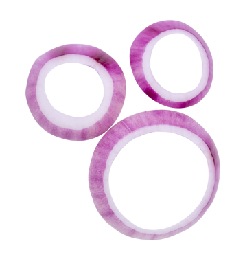 Çember şeklinde dilimler halinde üç taze kırmızı ya da mor soğan halkası üst görünüm kümesi png dosya biçiminde kırpma yolu ile izole edilir.