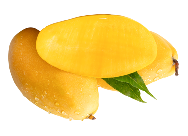 İki olgun sarı mango meyvesi ve yarısı yeşil yapraklı ve su damlacıkları png dosya biçiminde kırpma yolu ile izole edilir.