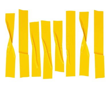 Üst görünüm, kırışık ya da buruşuk sarı yapıştırıcı bant ya da çizgili kumaş bant kümesi ufuk şeklinde izole edilmiş beyaz arka planda kırpma yolu ile.