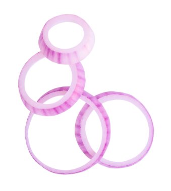 Taze kırmızı ya da mor İspanyol soğan halkalarının ya da yığın halinde dilimlerin üst görünümü kırpma yolu ile beyaz arkaplanda izole edilmiştir..