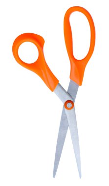 Dikey olarak turuncu saplı orta-amaçlı makas kesme yolu ile beyaz arkaplanda izole edilir.