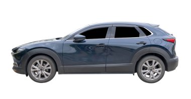 Mini ya da küçük gri ya da koyu mavi renkli hatchback arabaların sol tarafı kırpma yolu ile beyaz arka planda izole edilmiştir..