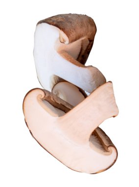 Shiitake mantarının yarıya bölünmüş ön görüntüsü kırpma yolu ile beyaz arkaplanda izole edilmiştir..