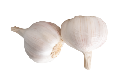 Yığındaki iki sarımsak ampulünün yan görünümü png dosya biçiminde kırpma yolu ile izole edilmiştir.