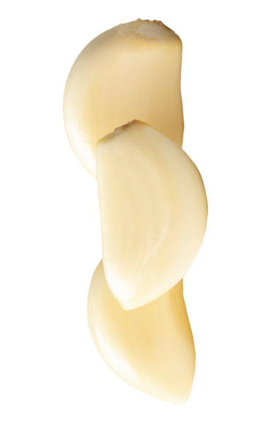 Side view of peeled garlic cloves or pieces in stack is isolated with clipping path in png file format.