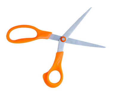Turuncu saplı bir çift çok amaçlı makasın üst görünümü kırpma yolu ile beyaz arkaplanda izole edilir