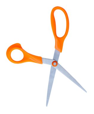 Turuncu saplı bir çift çok amaçlı makasın üst görünümü kırpma yolu ile beyaz arkaplanda izole edilir