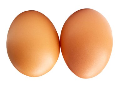 Ufukta iki taze kahverengi tavuk yumurtası beyaz arka planda kırpma yolu ile izole edilir..