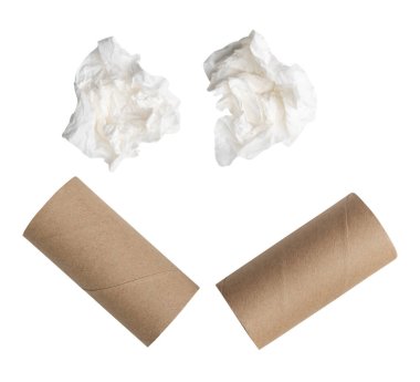 Üst görünüm kümesi iki adet vida ya da buruşmuş beyaz kağıt toplar iki adet kağıt çekirdekli veya tüpler ile izole edilmiş kesme yolu ile beyaz arka plan.