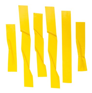 Buruşuk ya da buruşuk sarı yapıştırıcı bant ya da çizgili kumaş şerit seti dikey olarak izole edilmiş beyaz arka planda kırpma yolu ile.