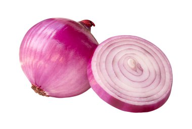 Tek bir soğan dilimli kırmızı ya da mor soğan soğanı beyaz arka planda kırpma yolu ile izole edilir..