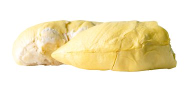 Kabuksuz sarı durian meyvesi posası kırpma yolu ile beyaz arkaplanda izole edilir.