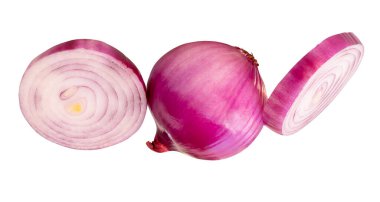 İki soğan dilimli kırmızı ya da mor soğan soğanı soğan soğanı beyaz arka planda kesme yolu ile izole edilir..